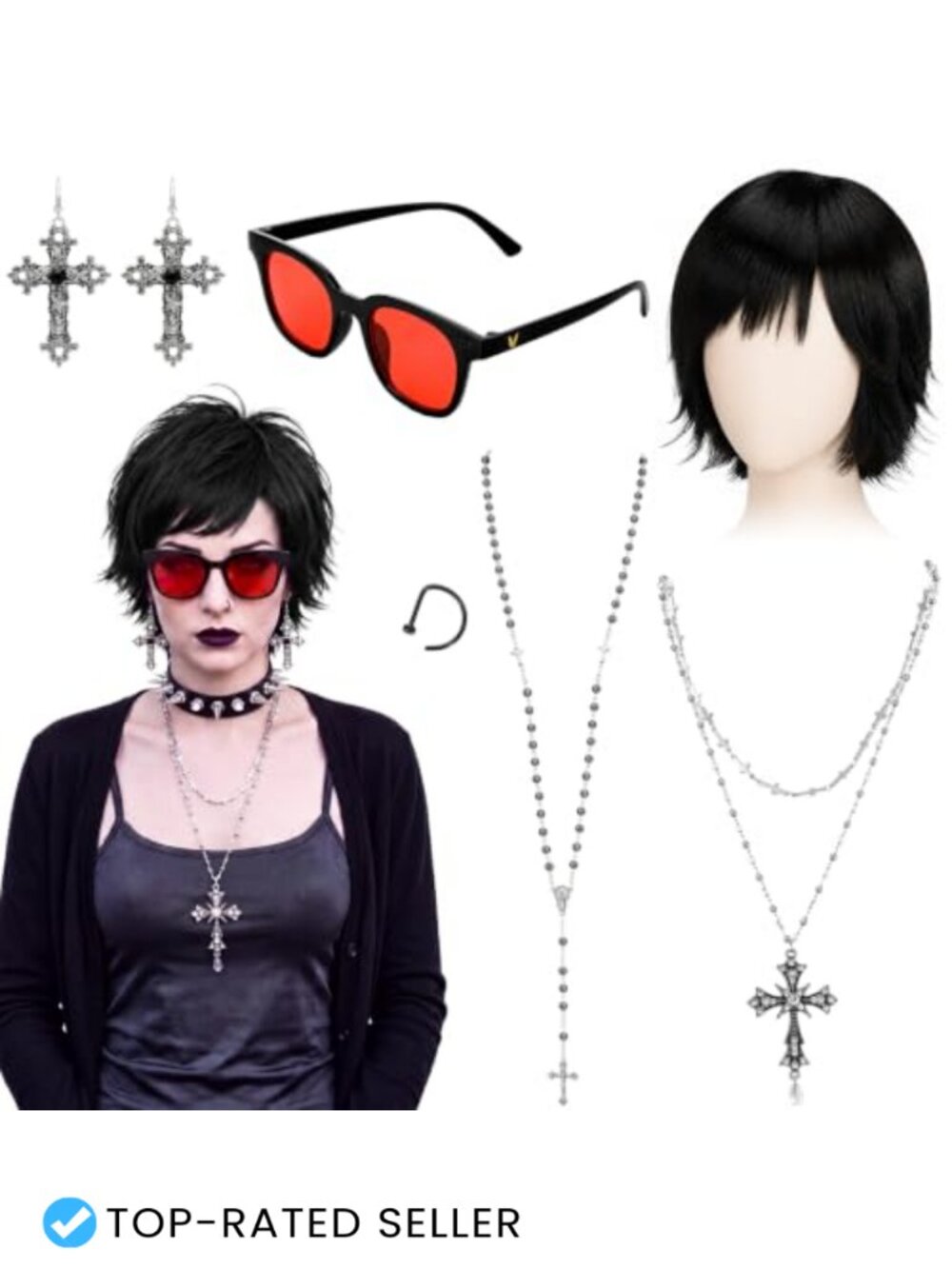 Gothic Vampire Costume Accessory Set Cosplay Wig Jewelry Sunglasses 7 Pc